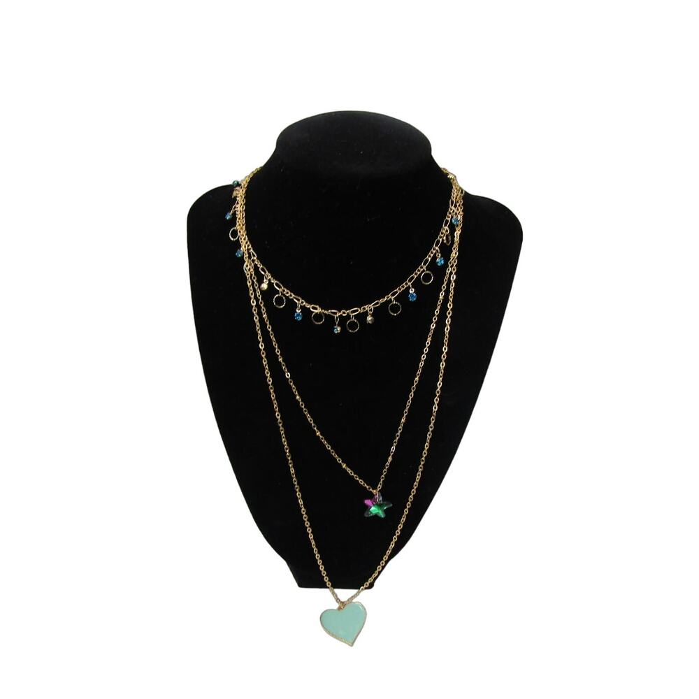 Blue Heart 3 Tiered Rhinestone Pendant Necklace Choker Chain Boho